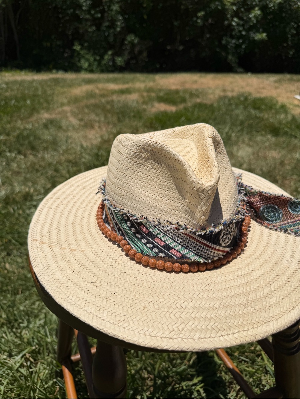 Wyeth Boho Straw Fedora Hat with Patterned Scarf Band - Picture 4 of 7